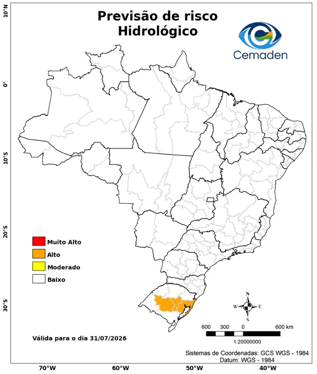 Mapa oficial do risco hidrológico de 31 de julho, reprodução integral com crédito Cemaden/MCTI.