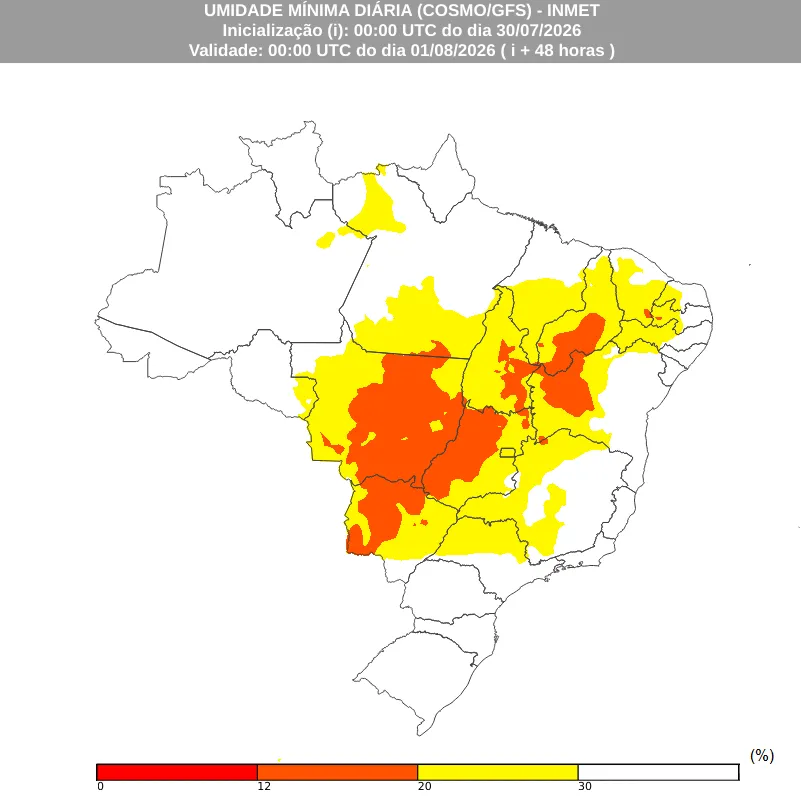 Mapa oficial da previsão para 31 de julho e 1º de agosto, reprodução com crédito ao Inmet.